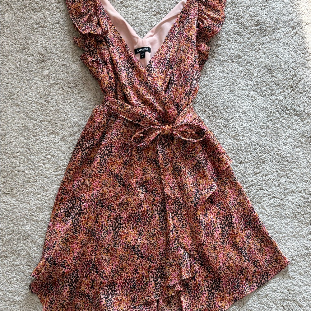 Express Peach and Black Satun Ruffle Mini Dress